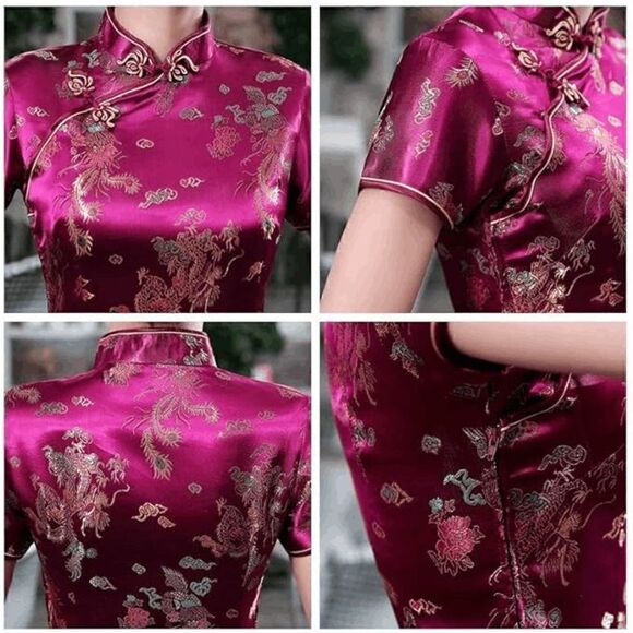 🐉 Mandarin Collar Cheongsam Chinese Dragon Print Side Slits Qipao Dress S NEW - Picture 11 of 16